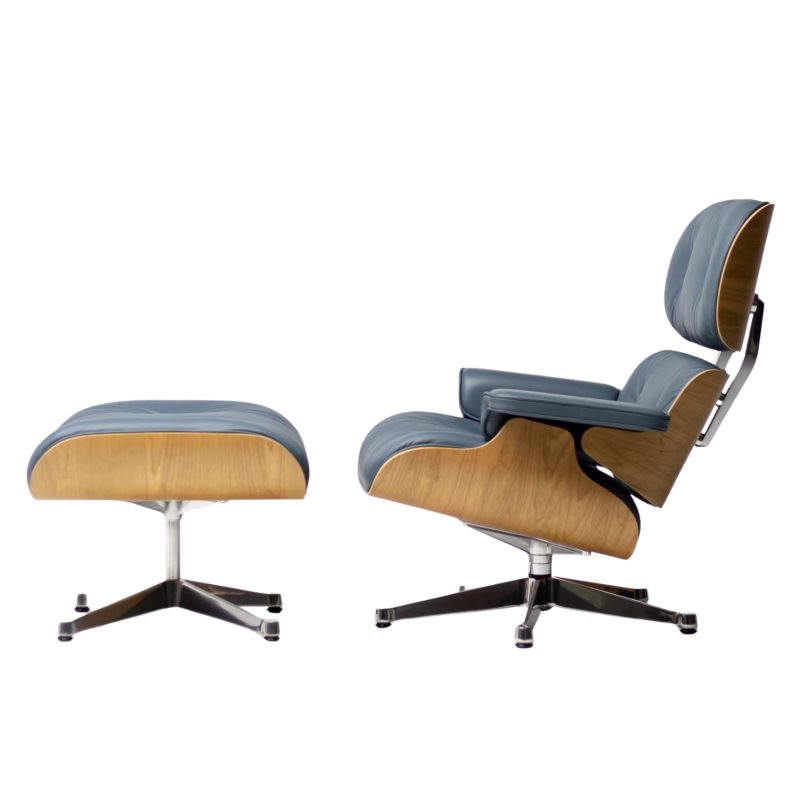 2023 Vitra Eames Lounge Chair and Ottoman, XL | Smoke Blue Leather, American Cherry