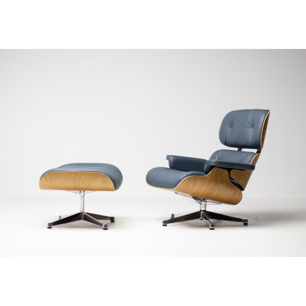 2023 Vitra Eames Lounge Chair and Ottoman, XL | Smoke Blue Leather, American Cherry - Image 4